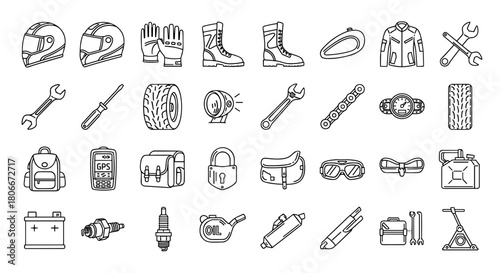 Collection of Motorcycle Accessories and Gear Icons Outline Style, Featuring Helmets, Gloves, Boots, Tools, and Safety Equipment