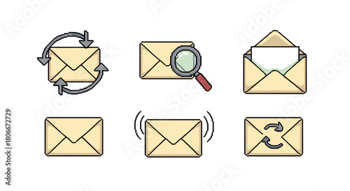 Pixel art email icons: set of envelopes with arrows and magnifying glass