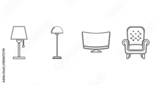 Modern linear home items: lamp, floor light, tv, armchair in minimalist style