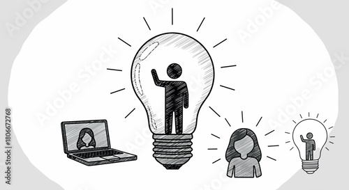 Creative ideas and innovation concept with sketch style lightbulb and laptop