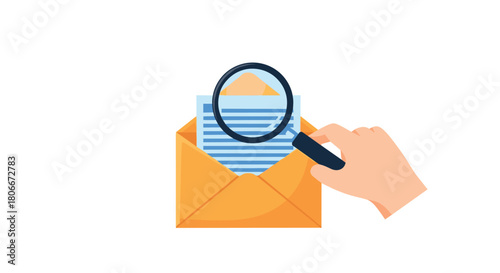 Detailed mail search concept: hand with magnifying glass examining letter in envelope