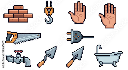 Pixel art construction and tools set featuring hands, tools, and equipment