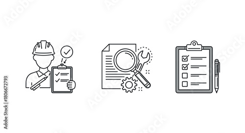 Checklist and tools icons in linear style for construction and maintenance concepts