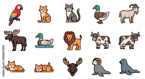 Cute pixel art animals collection featuring birds, cats, farm, and wild creatures