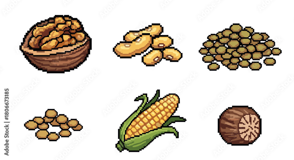 Obraz premium Pixel art nuts and grains collection with corn and peas
