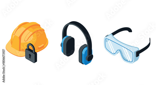 Isometric safety equipment set: hard hat, headphones, and safety goggles