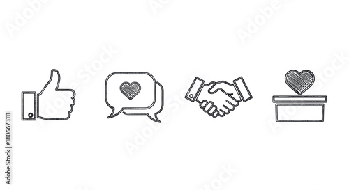 Minimalist line art icons: thumbs up, love chat, handshake, heart box