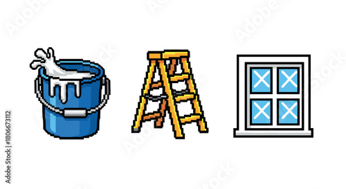 Pixel art renovation icons: paint bucket, ladder, window design