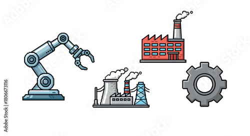 Industrial automation with factories and machinery in pixel art style