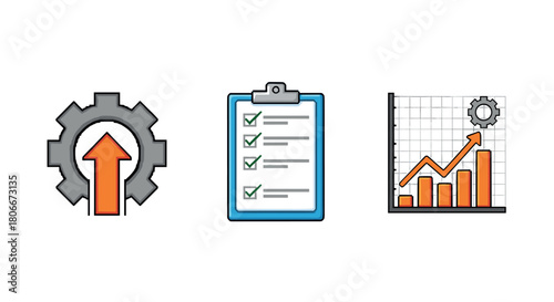 Business growth icons: efficiency gear, task checklist, and rising graph