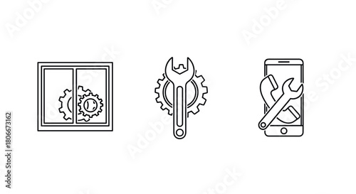 Set of repair icons: window, gear wrench, mobile settings in linear style