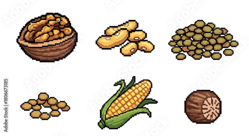 Pixel art nuts and grains collection with corn and peas