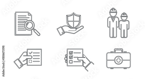 Safety and compliance icons: linear style for professional use