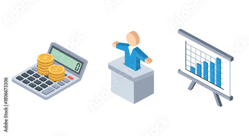 Isometric business icons: calculator with coins, presenter, and growth chart