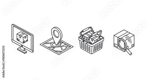 E-commerce icons in isometric line art style for online shopping and delivery