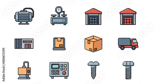 Industrial and warehouse icon set: automation, logistics, and storage equipment in simple style