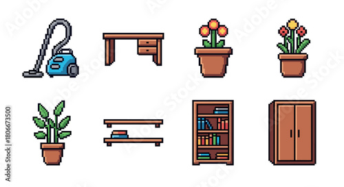 Minimalist furniture and home decor in 8-bit pixel art style
