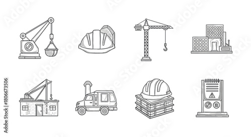 Hand drawn construction icons featuring cranes, hard hats, and building equipment