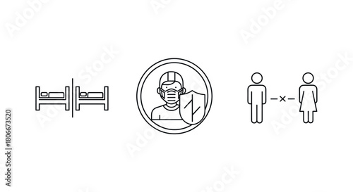 Health safety icon set: masked doctor, hospital bed, social distancing symbols in modern flat design