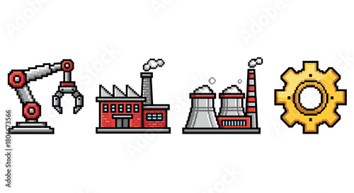 Pixel art industrial icons: robot arm, factory, power plant, gear cog