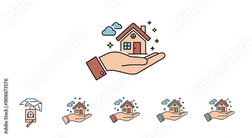 Hand holding house icon set with minimalist color variations and decorative elements