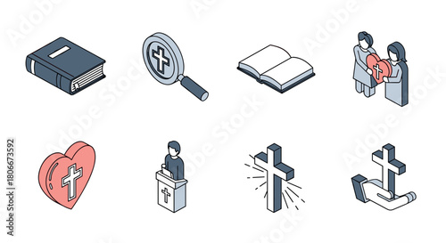 Isometric christian icons: bible, cross, sermon, heart, community symbols