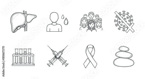 Health icons: liver, people, virus, test tubes, syringes, ribbon, stones in minimalist line art style