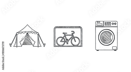 Camping tent, bicycle, and washing machine in minimalist sketch style