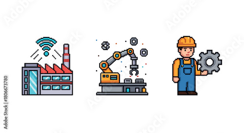 Smart factory robotics and automation with worker and gear icon