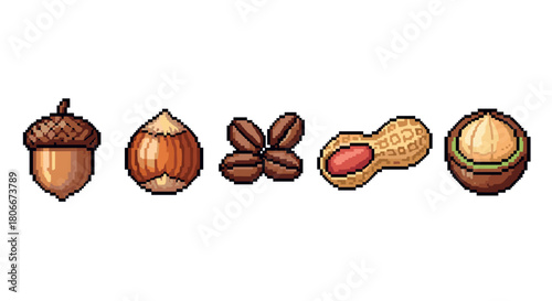 Colorful pixel art nuts and seeds in modern retro style