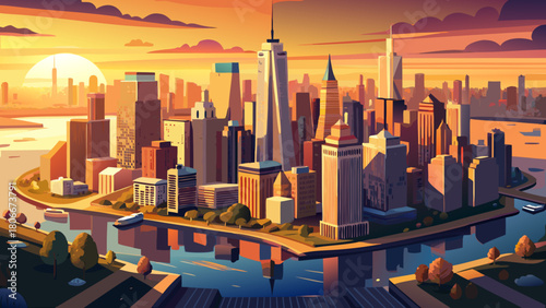 Very beautiful aerial panorama showcasing the Lower Manhattan skyline at sunset, viewed from above the Hudson River, with golden light illuminating skyscrapers and soft reflections shimmering on the w