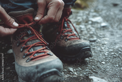 A minimalist photo of hands tying shoelaces on sturdy hiking boots before a solo mountain trek.