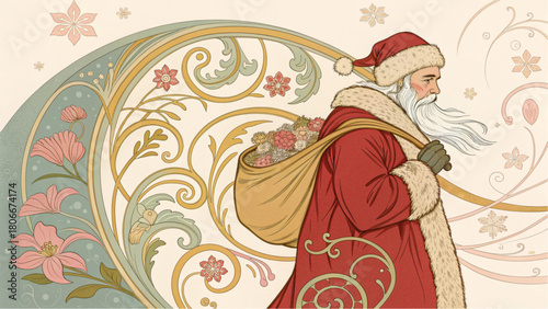An illustration of Santa Claus in profile, carrying a sack filled with roses and a sprig of greenery, framed by elegant Art Nouveau floral borders.