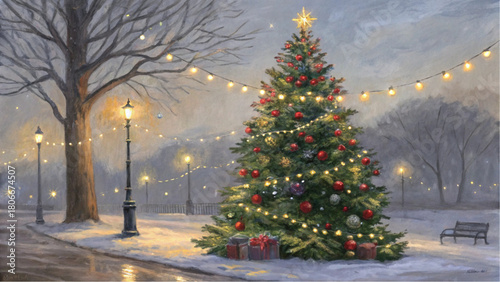 An atmospheric oil painting captures a large, decorated Christmas tree lit by string lights in a snow-covered park on a misty winter evening