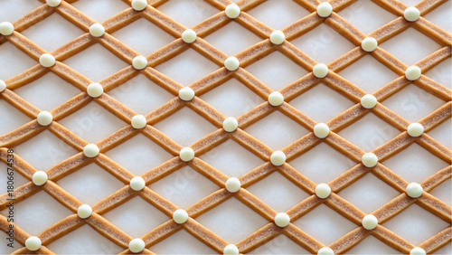 The macro photograph captures a uniform, continuous grid design made of light brown cookie sticks crisscrossing and dotted with white pearl candies