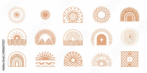 Boho sun and nature elements collection minimalist celestial designs in earthy tones