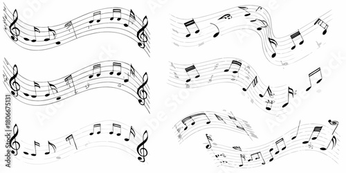 Abstract musical notes and treble clefs flowing on a white background vector illustration