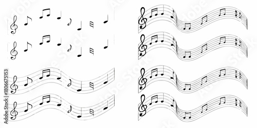 Musical notes and treble clefs arranged on staves creating a visual music concept
