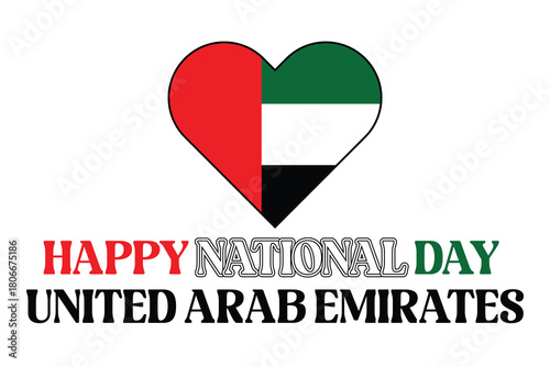 Happy National Day United Arab Emirates – Heart-Shaped UAE Flag Typography Celebration Vector