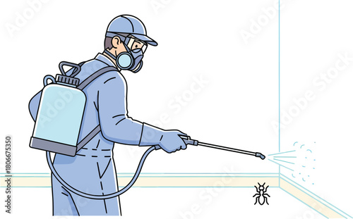 Exterminator spraying pesticide on ant in corner