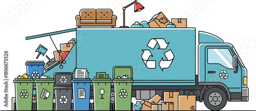 Recycling truck loaded with junk near different trash cans