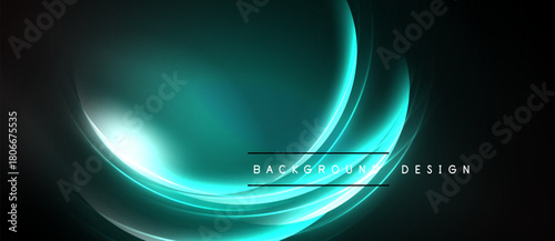 Abstract turquoise lines create flowing shapes. Dark background emphasizes bright, dynamic light effects. Modern design element.