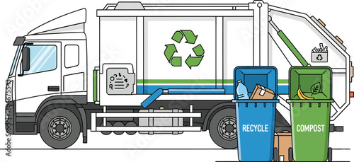 Garbage truck collecting recycle and compost bins