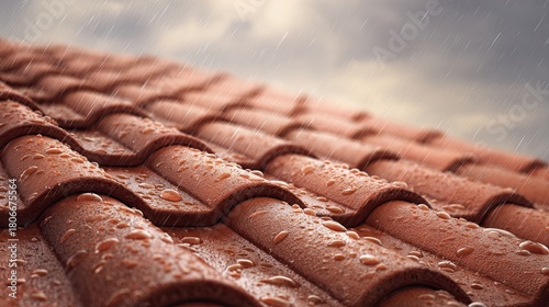 Wallpaper Mural A close-up of a terracotta roof drenched in rain, showcasing water droplets sliding off the tiles against a cloudy sky. Torontodigital.ca