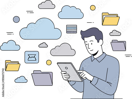 Man using tablet for cloud computing and data management