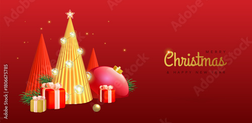 3d Christmas trees, string of lights, fir tree branch and gift boxes on red background. Christmas holiday background. Vector illustration