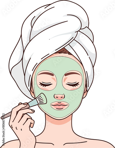 Woman applying facial mask with brush for skincare routine