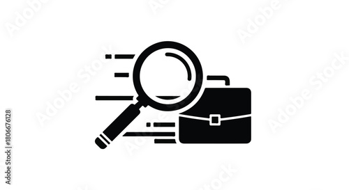 Magnifying glass examining a briefcase, symbolizing quick search and business analysis.
