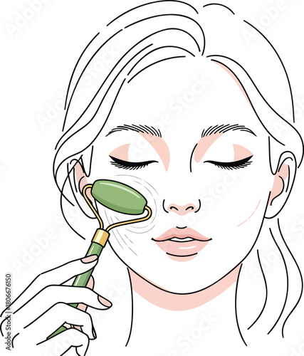 Woman Rolling Jade Stone on Her Face Illustration