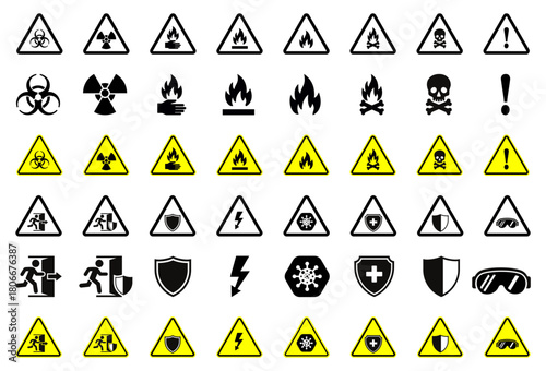 Set of hazard and safety warning symbols featuring danger, caution, fire, toxic, radiation, electrical and protective signs designed for industrial, warning, hazard, danger, safety, vector, icons.